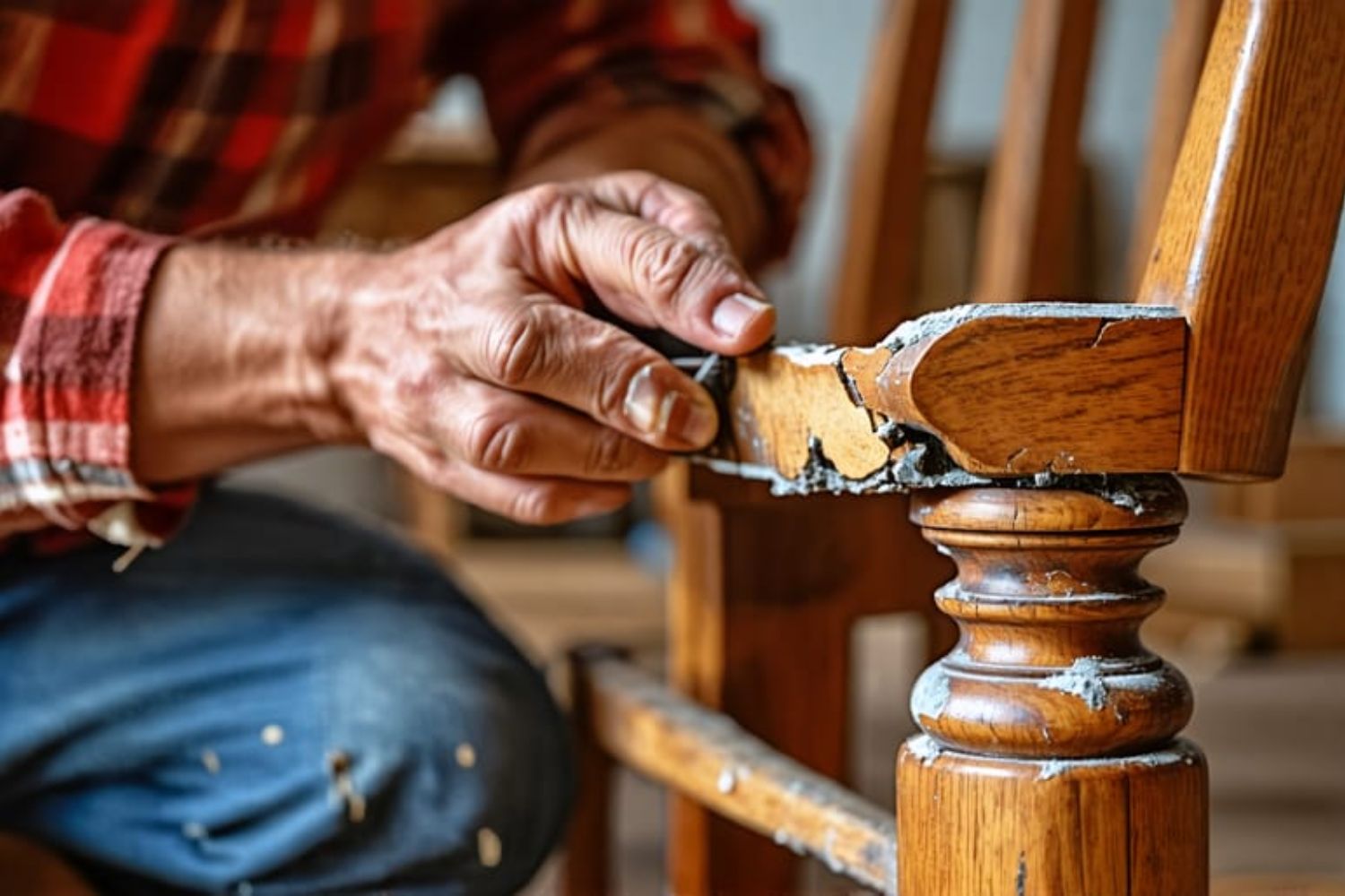 A man is focused on crafting a wooden chair in a workshop, surrounded by tools and wood shavings.